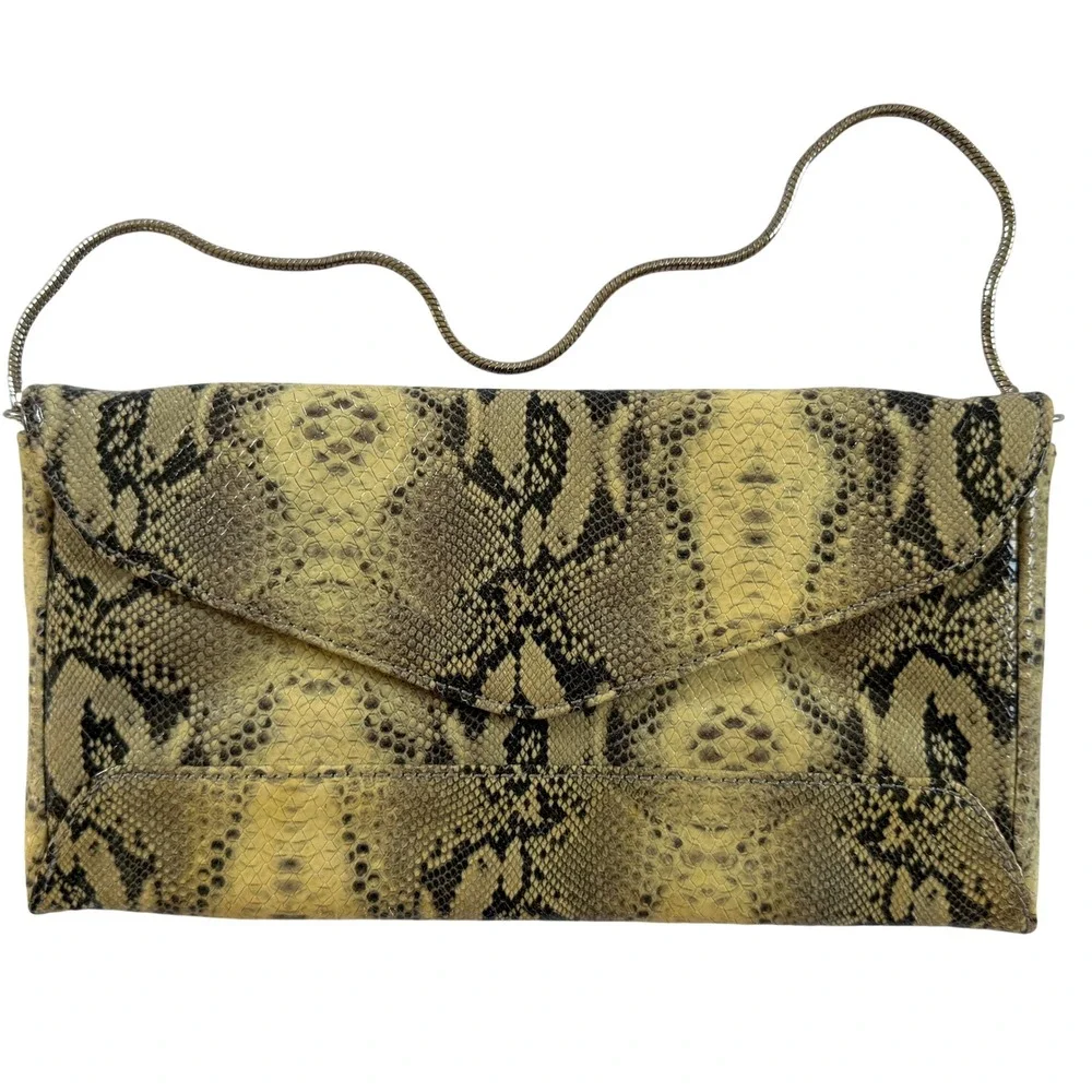 Yellow Snake Print Envelope Clutch Bag Silver Chain Strap Python Print Evening